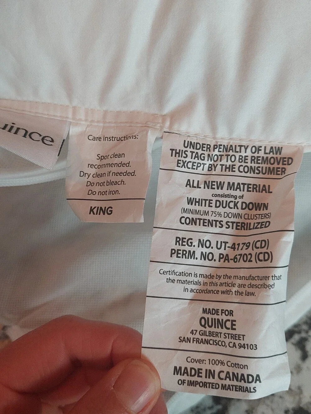NWOT- Quince White Duck Down Premium Pillow- King (Firm) (P99)